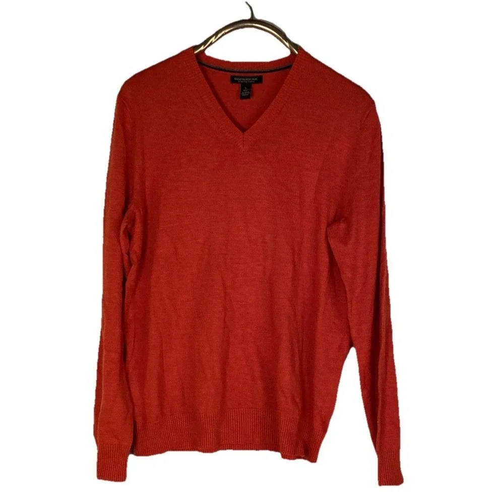 Banana Republic Bright Orange Merino Wool V Neck Stripe Sweater Mens Size L